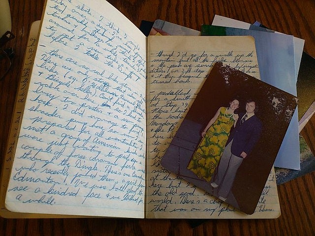 Marty Murphy's journal of the bicycle trek he took across Ireland when he was 26, along with a photo with his future wife Mary Anne (photo: Sam Tweedle / kawarthaNOW)