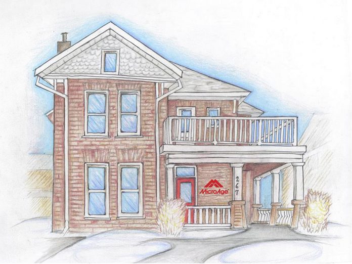 A sketch of MicroAge Peterborough's new location at 267 Stewart Street