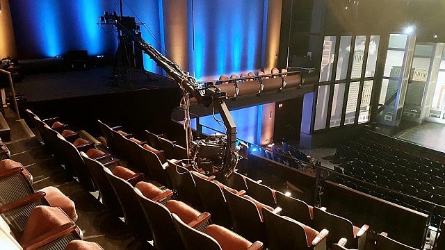 The remote-controlled camera on a jib in the balcony (photo: Jeannine Taylor / kawarthaNOW)