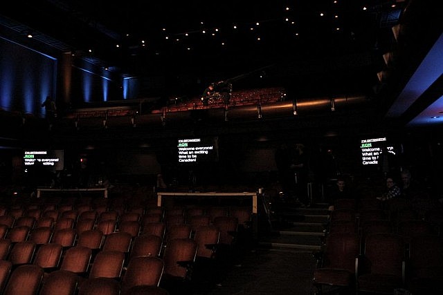 Teleprompters at the back of the theatre (photo: Jeannine Taylor / kawarthaNOW)
