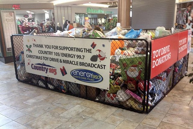 The Country 105 and Energy 99.7 bin for The Salvation Army Toy Drive at Lansdowne Place Mall. A second bin will be filled during the Miracle Broadcast at Saturday, December 12. (Photo courtesy of Lansdowne Place)