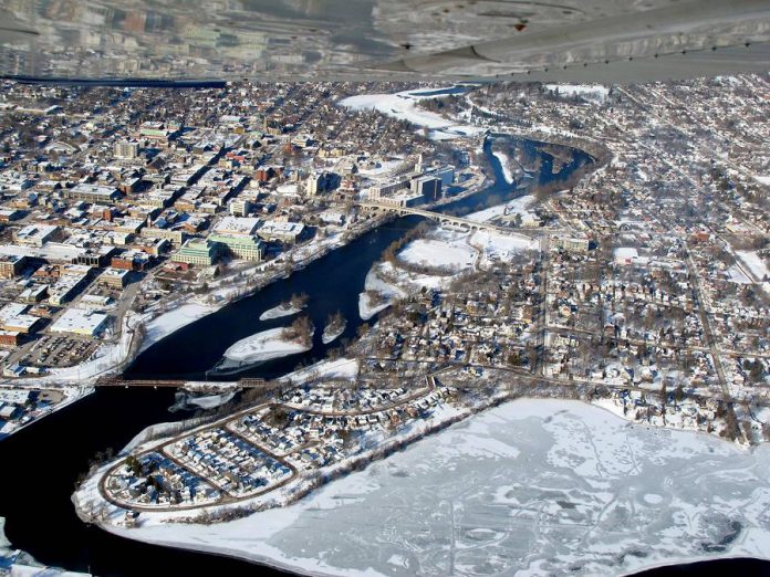 In this shot looking north over Little Lake in Peterborough, you can see the pedestrian rail bridge at the bottom and the Hunter Street bridge at the top (photo: Aden Smith)