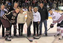 Manon Rhéaume, the first and only woman to play in the NHL, drops the ceremonial puck alongside Susan Dunkley of the Alzheimer Society. Although the Petes lost 4-3 to the Oshawa Generals, the event raised over $16,000 for the Alzheimer Society. (Photo courtesy of the Peterborough Petes)