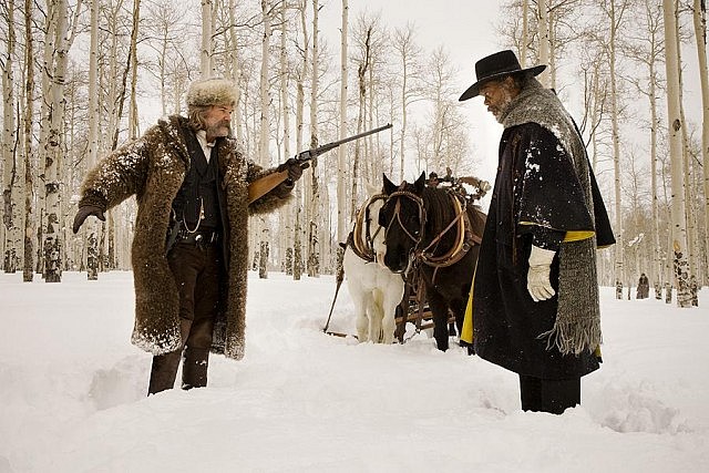 Kurt Russell and Samuel L. Jackson as bounty hunters John Ruth and Major Marquis Warren