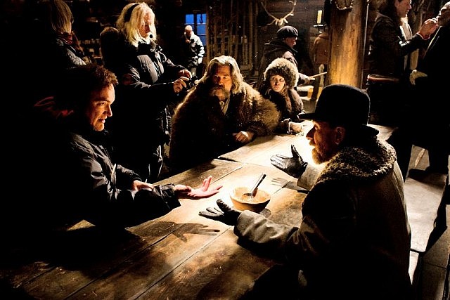 Director Quentin Tarantino with Kurt Russell, Jennifer Jason Leigh, and Tim Roth on the set of "The Hateful Eight"