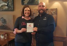 Tour de Fork organizer Jaimie Bondy-Donohue with Travis Smith, Front of House manager at Ashburnham Ale House. Ashburnham Ale House is one of 12 Peterborough restaurants participating in the first annual fundraiser in support of the Fairhaven Foundation, which runs from February 1 to 7. (Photo: Jeannine Taylor / kawarthaNOW)