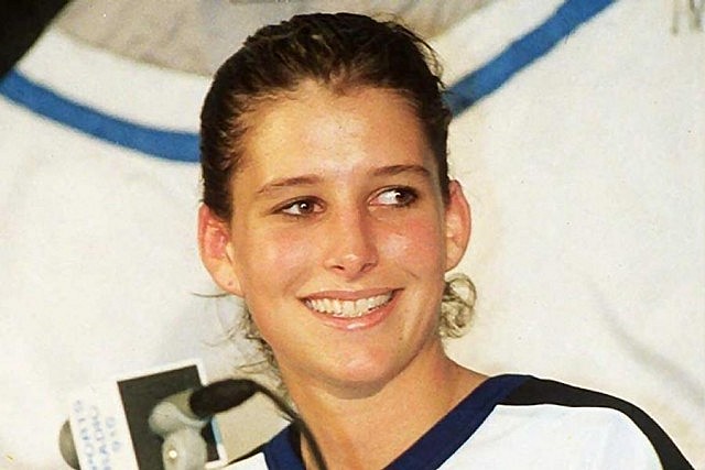 Manon Rhéaume at a media conference following her NHL debut on September 23, 1992