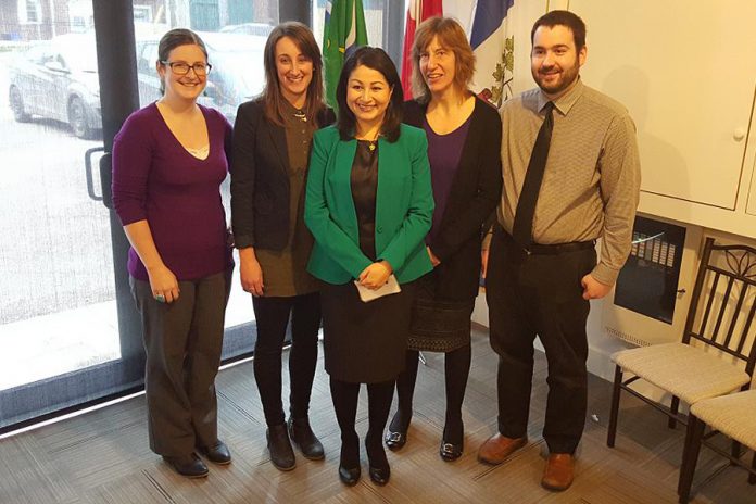Peterborough-Kawartha MP Maryam Monsef (middle) with constituency staff Lauren, Shivaan, Marisa, and Peter. In addition to the main Peterborough constituency office, rotating offices are being held in Douro-Dummer, Trent Lakes, Seylwn, North Kawartha, and Havelock-Belmont-Methuen. (Photo: Jeannine Taylor / kawarthaNOW)