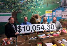 Ashlee Aitken of Kawartha Food Share (second from right) accepts the $10,054.30 donation from (left to right) Peterborough Mayor Daryl Bennett, the City of Peterborough's Manager of Transportation Kevin Jones, DBIA mascot George King of Downtown, and DBIA Executive Director Terry Guiel (photo courtesy Peterborough DBIA)