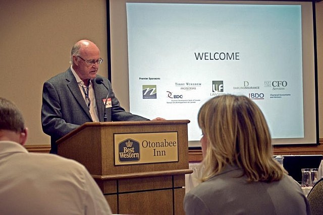 Nexicom President Paul Downs addressing KFBG. Nexicom, which provides high speed Internet access, cable TV, and cellular phone services in Peterborough and the Kawarthas, is a premiere sponsor of KFBG. (Photo courtesy of KFBG)