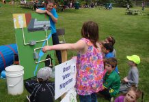 During the 2015 Peterborough Children's Water Festival, a GreenUP Ecology Park educator at The Great Water Migration interactive activity centre demonstrates how children can reduce storm water runoff and improve the quality of water that goes down our drains