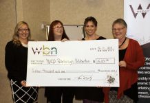 Nicole Pare and Lynn Zimmer of YWCA Peterborough Haliburton accept the $16,001.33 cheque from Denise Travers and Louise Racine of Women's Business Network of Peterborough (photo: Jeannine Taylor / kawarthaNOW)