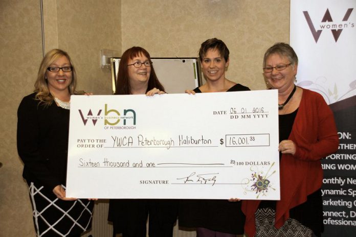 Nicole Pare and Lynn Zimmer of YWCA Peterborough Haliburton accept the $16,001.33 cheque from Denise Travers and Louise Racine of Women's Business Network of Peterborough (photo: Jeannine Taylor / kawarthaNOW)