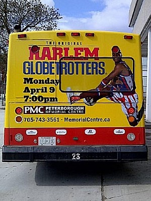 An ad for the Harlem Globetrotters on the back of a Peterborough Transit bus (photo: Peterborough Transit, City of Peterborough) 