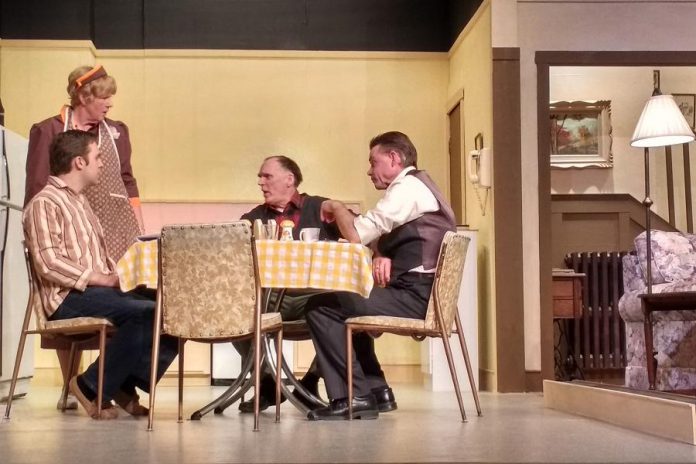 Myles Chisholm as Ben Mercer, Linda Driscoll as Mary Mercer, Rob Steinman as Jacob Mercer, and Steve Foote as Wiff Roach in the Peterborough Theatre Guild's production of David French's "Of the Fields, Lately" (photo: Sam Tweedle / kawarthaNOW)