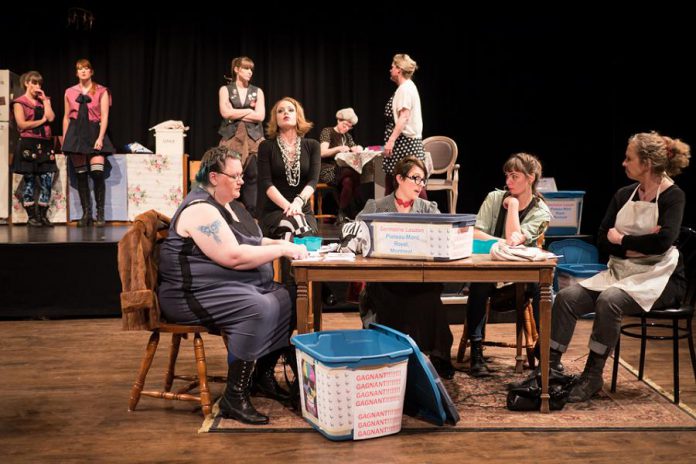 Naomi DuVall, Lindsay Unterlander, Nicole Allard, Dani Breau, Robyn Smith, Tami Whitley, Sarah McNeilly, Cathy Ogrodnik, Angela Sorensen, and Leah Bell are 10 of the 16 women who star in The Motley Collective's production of "Les Belles-Soeurs" (photo: Andy Carroll)