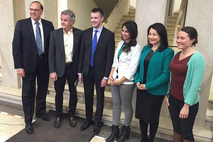 Peterborough Mayor Darryl Bennett, Trent University President and Vice Chancellor Leo Groarke, Noble Tech Founder and CEO Adam Noble, Noble Tech Founder and COO Dr. Andressa Lacerda, Peterborough-Kawartha MP Maryam Monsef, and Peterborough City Councillor Diane Therrien (photo: Greater Peterborough Innovation Cluster / Twitter)