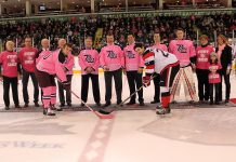 The ceremonial puck drop at Saturday night's Pink in the Rink game at the Peterborough Memorial Centre, where the Petes faced off against the Ottawa 67's