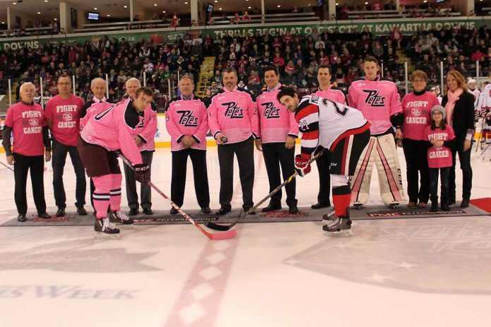 The ceremonial puck drop at Saturday night's Pink in the Rink game at the Peterborough Memorial Centre, where the Petes faced off against the Ottawa 67's