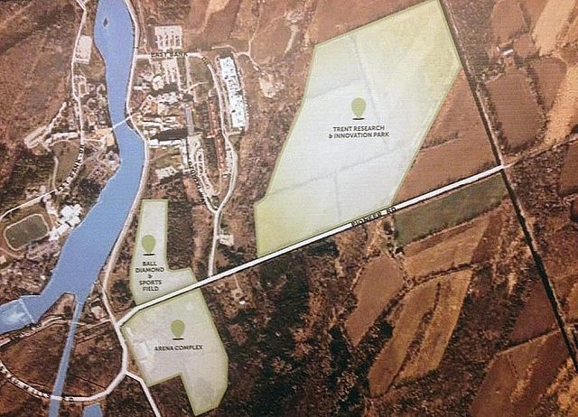 The locations on Trent University's East Bank for the Trent Research and Innovation Park, ball diamond and sports field, and arena complex (photo: Paul Rellinger)