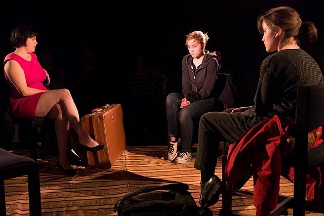 Skylar Ough, Lyne Dwyer, and Shannon LeBlanc are three women on a train jounrey in "Sinking's Better Than Standing Still" (photo: Andy Carroll)