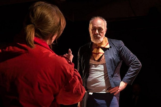 Skylar Ough with Wyatt Lamoureux, who gives a wild and flamboyant performance as the conductor of Trans Rail Rail Trans in "Sinking's Better Than Standing Still" (photo: Andy Carroll)