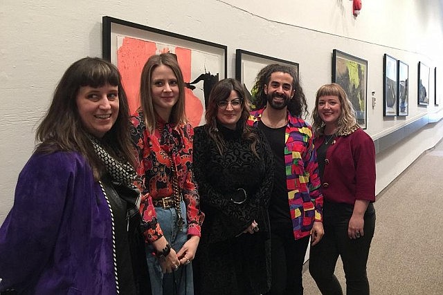 Artist Rebecca Padgett (middle) with Sarah Lalonde, Katie Henderson, Sean Parsons, and Kat Kingsland at the opening of Rebecca's "Mud and Stardust" exibit at the Art Gallery of Peterborough (photo: Eric Scott)