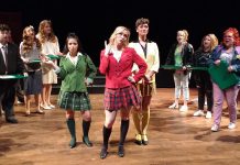 Hope Clarkin as Heather Duke, Audrey Massender as Heather Chandler, and Jesse Morrison as Heather Macnamara in The Anne Shirley Theatre Company's production of "Heathers: The Musical"