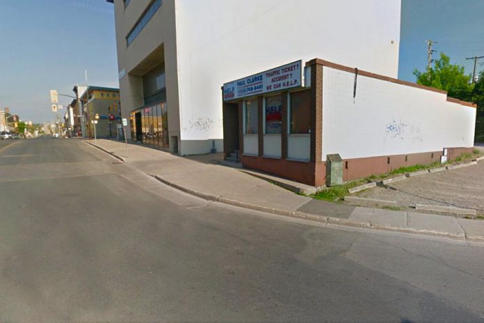 This wall at H.E.L.P. on Simcoe and Queen Streets in downtown Peterborough will be the first site for a public mural in a joint project with the City of Peterborough's Public Art Program and the Peterborough Downtown Business Improvement Area (photo: Google Street View)