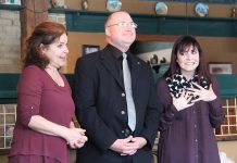 Emcee Linda Kash and interviewer Stuart Harrison with filmmaker Megan Murphy, who will speak about her experience making her documentary "Murphy's Law", at the media launch for Peterborough SPEAKS (photo: Laurie Downey)