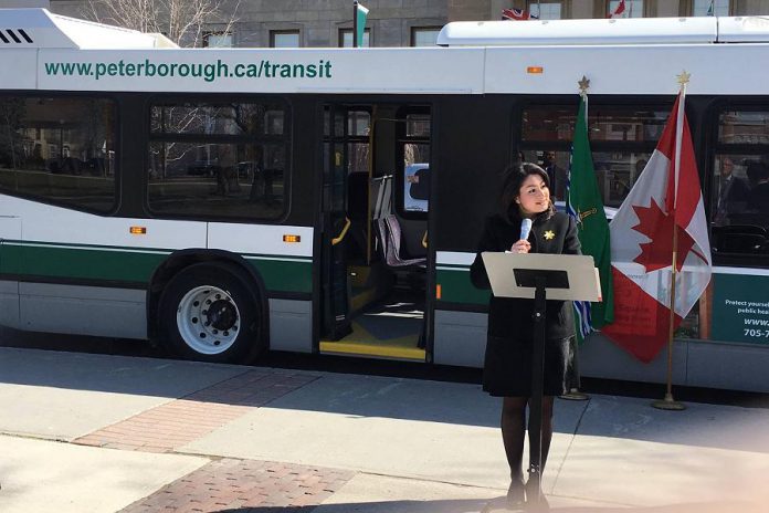 MP for Peterborough-Kawartha Maryam Monsef at the celebratory announcement of the six new transit buses, half funded through the federal gas tax fund (photo: Maryam Monsef / Facebook)