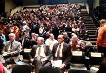 Peterborough residents gather at the Market Hall on March 4, 2016 for a public information meeting on the proposed sale of Peterborough Distribution Inc., where Mayor Daryl Bennett (pictured in the front row) reiterated his support for the potential sale (photo: Paul Rellinger / kawarthaNOW)