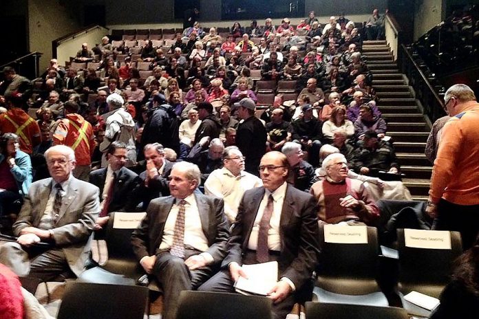 Peterborough residents gather at the Market Hall on March 4, 2016 for a public information meeting on the proposed sale of Peterborough Distribution Inc., where Mayor Daryl Bennett (pictured in the front row) reiterated his support for the potential sale (photo: Paul Rellinger / kawarthaNOW)