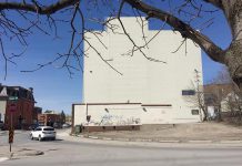 The new mural will be located on the east-facing wall of a building located near the southeast corner of Simcoe and Queen Streets in downtown Peterborough (photo: Wendy Trusler / City of Peterborough)