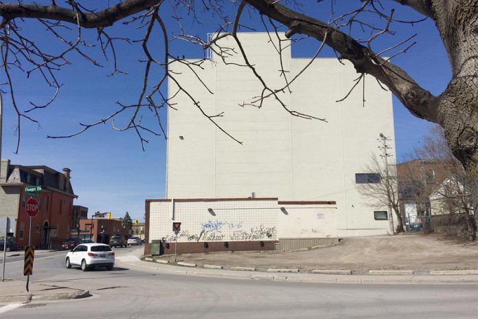 The new mural will be located on the east-facing wall of a building located near the southeast corner of Simcoe and Queen Streets in downtown Peterborough (photo: Wendy Trusler / City of Peterborough)