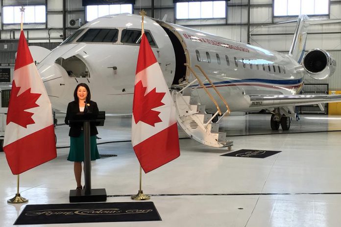 The Honourable Maryam Monsef, Minister of Democratic Institutions and Member of Parliament for Peterborough-Kawartha, making the investment announcement at Flying Colours Corp. on behalf of the Honourable Navdeep Bains, Minister of Innovation, Science and Economic Development