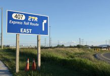 Unlike the privately owned 407 ETR (pictured here at Woodbine Avenue), the extension of Highway 407 east from Brock Road to Highway 35/115 is a separate toll road owned and operated by the Province of Ontario (photo: Wikipedia)