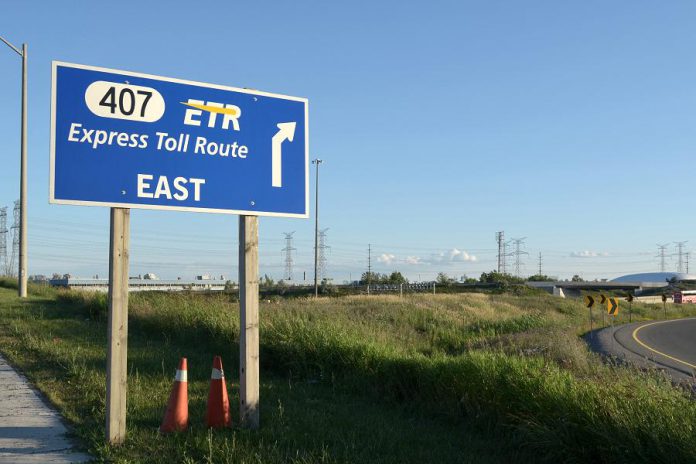 Unlike the privately owned 407 ETR (pictured here at Woodbine Avenue), the extension of Highway 407 east from Brock Road to Highway 35/115 is a separate toll road owned and operated by the Province of Ontario (photo: Wikipedia)