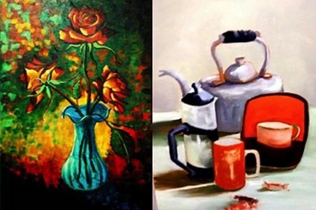 "Three Roses" by Jaan Teng and "Coffee Time" by Evelyn Van Hoekelen are two of the works on display at the "Florals & Still Life" members' group show at Kawartha Artists' Gallery & Studio (images courtesy of Kawartha Artists' Gallery & Studio)