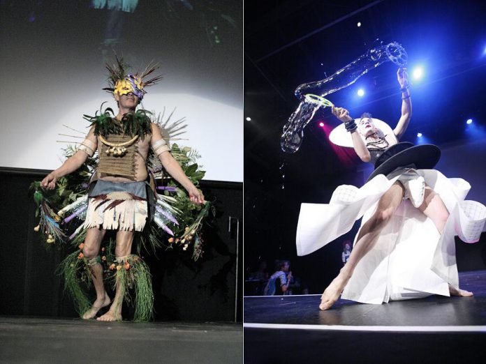 Two of the Runway Challengers from Public Energy's Wearable Art Show in 2015. The 2016 Wearable Art Show featuring the Runway Challenge takes place on May 14 at Peterborough's Market Hall. (Photos: Esther Vincent / Public Energy)