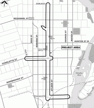 The City of Peterborough has an opportunity to completely reconstruct all surface features on the Bethune Street corridor and a portion of Charlotte and Townsend Streets (map: City of Peterborough)