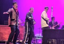 Liam Parker as The Big Bopper, Lucas DeLuca as Richie Valens, and Matt Diamond as Buddy Holly in the Peterborough Theatre Guild production of "Buddy - The Buddy Holly Story" (photo: Sam Tweedle / kawarthaNOW)