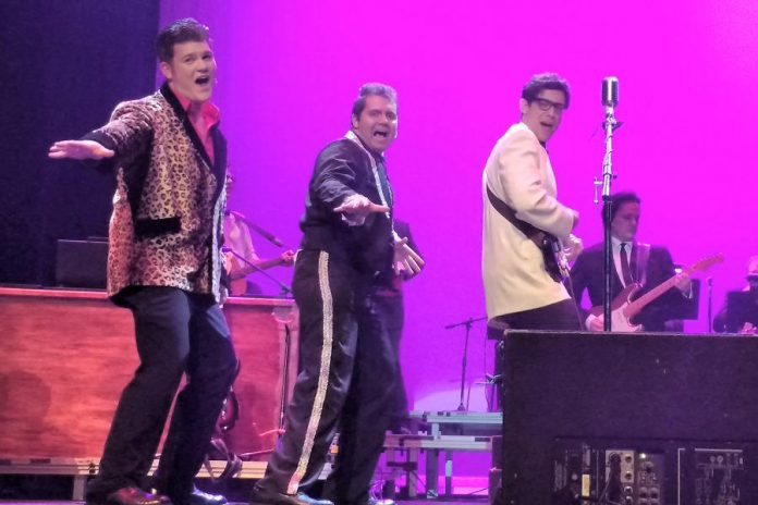 Liam Parker as The Big Bopper, Lucas DeLuca as Richie Valens, and Matt Diamond as Buddy Holly in the Peterborough Theatre Guild production of "Buddy - The Buddy Holly Story" (photo: Sam Tweedle / kawarthaNOW)