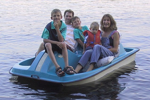 The Hicks family (Cam, Gord, Andrew, Mitchell, and Linda) in summer 2002, enjoying the lake at their cottage north of Apsley in the Kawarthas (photo: Jeannine Taylor)