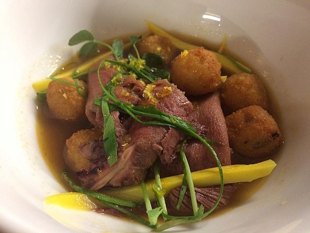 Beef tongue pho with Parisian gnocchi and cured mango (photo: Eva Fisher)