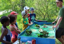 At the Peterborough Children's Water Festival this week, Glen Caradus led students through the history of the Otonabee River from a cultural and environmental perspective by following the story of the river while children interact with a watershed model and find ways to conserve and restore the river (photo: Karen Halley, GreenUp)