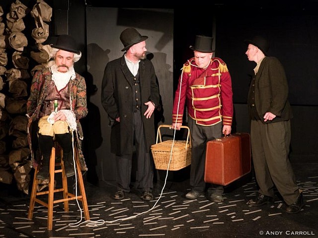 Ryan Kerr as Pozzo, Dan Smith as Vladimir, Brad Brackenridge as Lucky, and Kate Story as Estragon (photo: Andy Carroll)