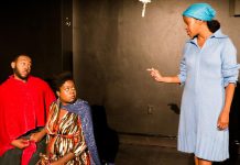 Leighton Alexander Williams as George Palmer, Sedina Fiati as Lucinda Palmer, and Chattrisse Dolabaille as Mary Rose Palmer, in Mysterious Entity Theatre's original production "The Blind Eye" at The Theatre on King in downtown Peterborough until June 4 (photo courtesy of Andy Carroll)