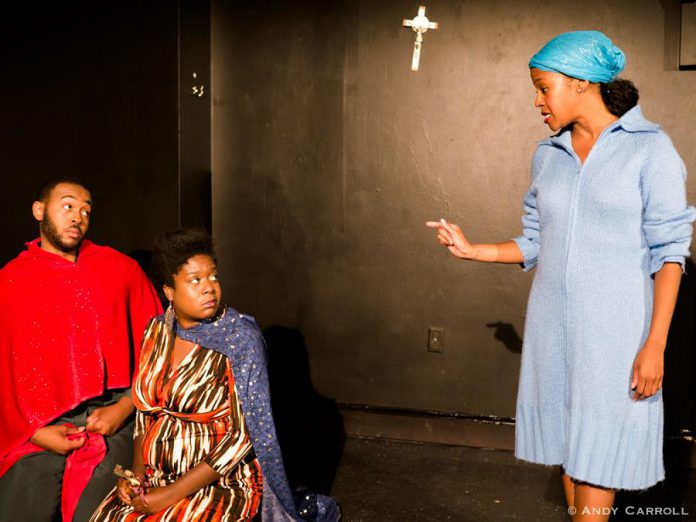 Leighton Alexander Williams as George Palmer, Sedina Fiati as Lucinda Palmer, and Chattrisse Dolabaille as Mary Rose Palmer, in Mysterious Entity Theatre's original production "The Blind Eye" at The Theatre on King in downtown Peterborough until June 4 (photo courtesy of Andy Carroll)