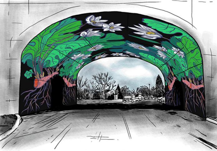 Jill Stanton's mockup for her "Bloodroot" mural; inspired by a lesser-known native wildflower, this will be the second mural to be painted under the Hunter Street Bridge in Peterborough (image: Jill Stanton)